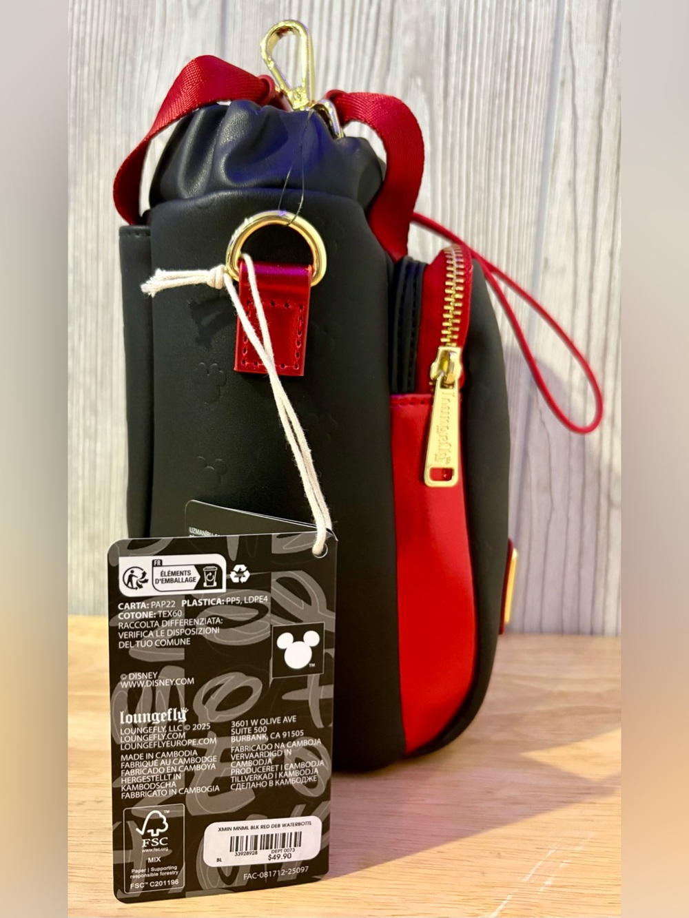 Disney Loungefly Mickey Embossed Black Red Water Bottle Crossbody Bag NWT - Picture 2 of 6